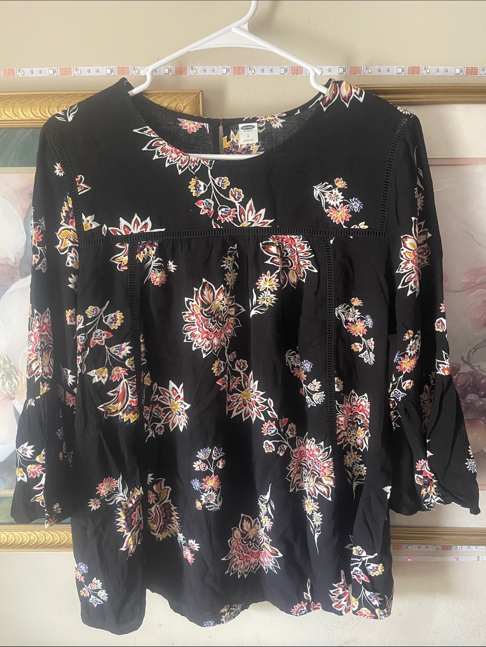 Black Floral Women’s Peasant Top - Boho Long Sleeve OLD NAVY